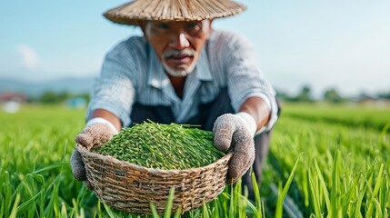 Farmer harvesting crops with agricultural tools, 4K, HDR, lush green fields in the background, afternoon sunlight