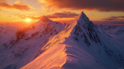 Sunset casting a golden glow over snow-covered mountain ridges, creating a dramatic winter scene.