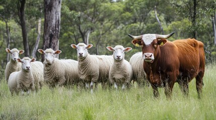 Fototapeta premium A Brown Cow Stands Tall Amidst a Flock of Sheep