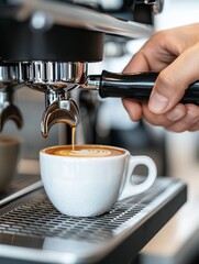 Coffee shop employee making coffee for a customer, 4K, HDR, detailed coffee machine and cup, warm shop atmosphere