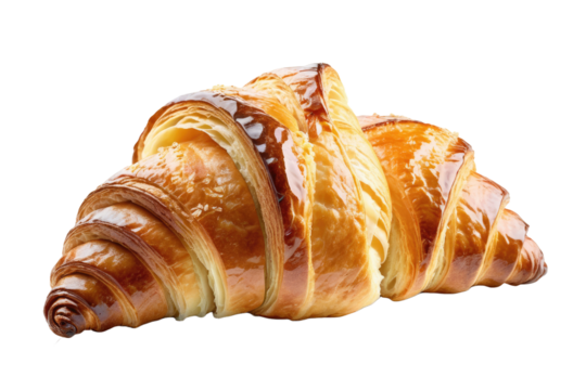 Fresh croissant, full body centered, isolated against a pristine white background, high key lighting casting a delicate shadow beneath, soft texture emphasized