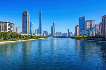 Obraz premium An open view of the river and modern urban architecture skyline panorama in Tianjin China with generative ai