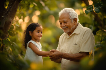 Grandfather holding granddaughter's hands in nature during sunset