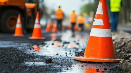 Traffic cones and a detour sign next to a road repair site, with workers in the background.