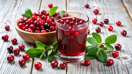 Fresh cranberries spilling out of a glass filled with crimson juice, surrounded by additional berries and leaves, on a rustic white wooden table surface.