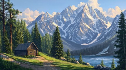 Tranquil mountain scene with a cozy cabin nestled among pine trees and a backdrop of towering peaks.