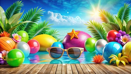 Vibrant and colorful flyer template featuring a poolside party backdrop, complete with balloons, sunglasses, and tropical elements, ideal for summer event promotions.