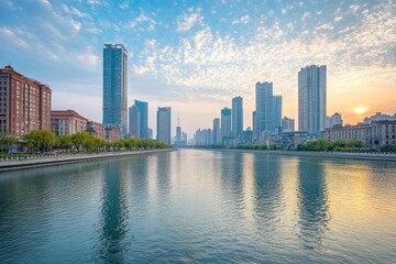 Obraz premium An open view of the river and modern urban architecture skyline panorama in Tianjin China with generative ai