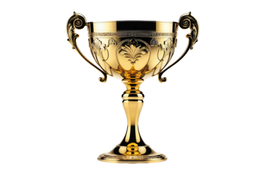 Golden goblet, full body, centered isolation, pure white background, high gloss reflection, studio lighting, minimal shadow, elegant silhouette, high-resolution stock photo - Powered by Adobe