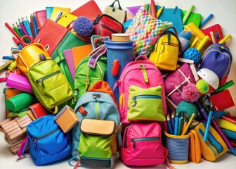 Vibrant, assorted school backpacks overflowing with colorful supplies and accessories, carelessly stacked together, evoking a sense of playful chaos and back-to-school excitement.
