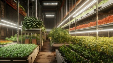 Obraz premium Vertical farming in a futuristic warehouse, utilizing hydroponics and LED lighting for year-round crop production.