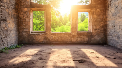 Obraz premium Sunlight streaming through the windows of an ancient, abandoned church surrounded by nature