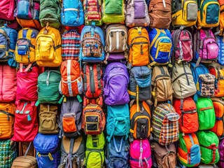 Vibrant backpacks in assorted shapes, sizes, and hues are stacked haphazardly, overflowing with colorful zippers, straps, and pockets, conveying a sense of carefree adventure and travel.