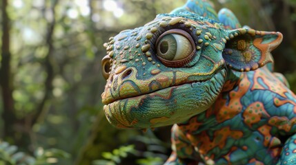 Obraz premium Hyper-realistic 3D cute monster with large expressive eyes and fluffy fur or scales, posed playfully against an enchanted forest backdrop.