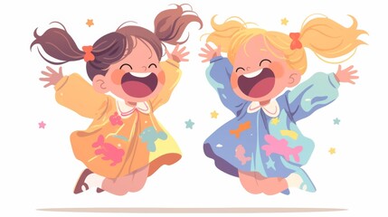 Fototapeta premium Simple Clip Art of Happy Girls Jumping for Joy: Blonde and Brown Hair with Long Pigtails