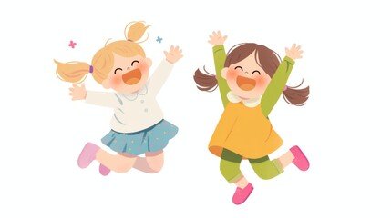 Simple Clip Art of Happy Girls Jumping for Joy: Blonde and Brown Hair with Long Pigtails

