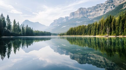 Naklejka premium A Calm Lake Surrounded by Pine Trees and Mountains, with the Reflection of the Landscape Perfectly Mirrored in the Still Water