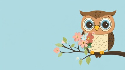 Fototapeta premium A cheerful owl cartoon holding a bouquet of flowers, perched on a branch, isolated on a pastel blue background.