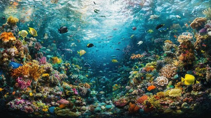 Fototapeta premium Wide-angle view of a bustling reef scene with various sea fish swimming among colorful corals and marine life