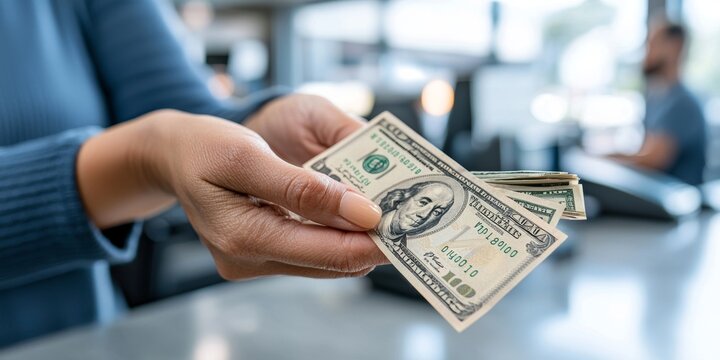 A bank teller handing cash to a customer, Ultra HD, 8K, HDR, detailed money bills, clear expressions, bright lighting, clean bank interior