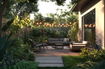 Obraz premium A modern, minimalist house with an outdoor patio area featuring lush greenery and ambient string lights. 