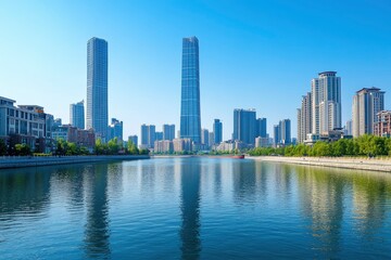 Fototapeta premium An open view of the river and modern urban architecture skyline panorama in Tianjin China with generative ai