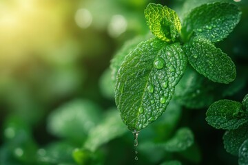 mint essential oil drips from leaves in an invigorating and revitalizing concept banner
