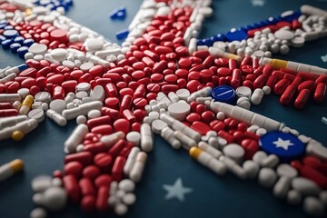 Obraz premium Art Concept of Brexit about pharmaceutical sector. European Medicines Agency. UK shape made of drugs over UK flag. 3D Rendering with generative ai