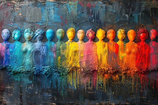 A painting of a group of people with different colored bodies