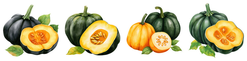 A vibrant collection of acorn squash, showcasing whole and sliced varieties in rich colors against a dark background.