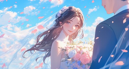 Fototapeta premium Romantic Anime Wedding Illustration Featuring Bride in Blue and White Dress Holding Roses, Groom in Black Suit