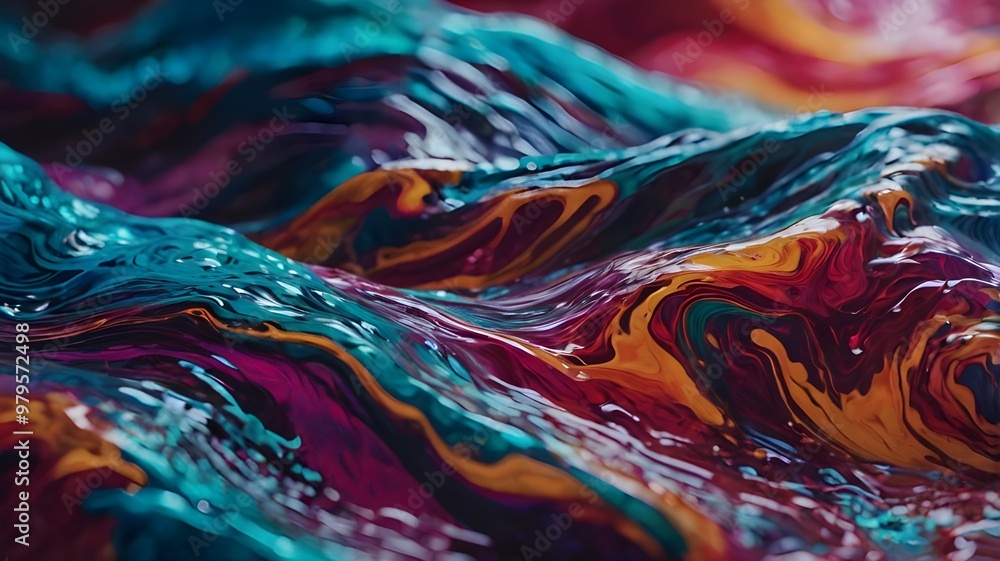 Poster a vibrant swirl of colors resembling flowing water with light and wave patterns, creating a fluid an