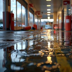 Flooded Hallway After Emergency Fire Response in Commercial Building