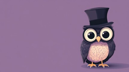 Obraz premium A curious cartoon owl wearing a monocle and top hat, isolated on a pastel purple background.