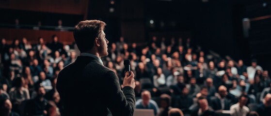 Interactive seminar with a leading speaker engaging a large audience in a well-designed conference space dynamic and immersive