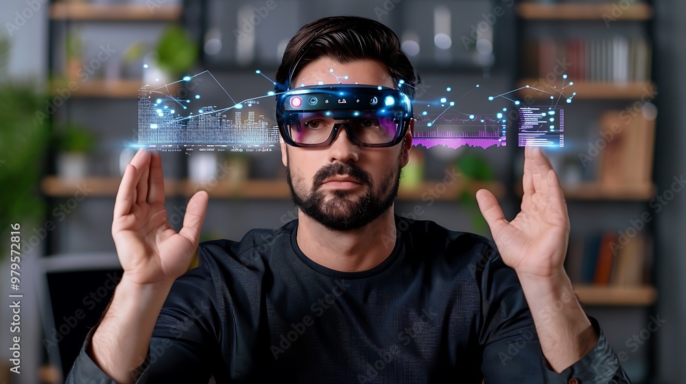 Poster a man uses augmented reality glasses, surrounded by a swirl of data visualizations, blending reality