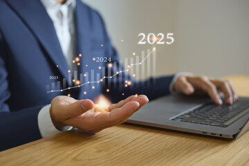 New Year's business operations plan in 2025, businessman doing business growth analysis in 2025, calculating financial data for investment Company's profitability, goals and success.