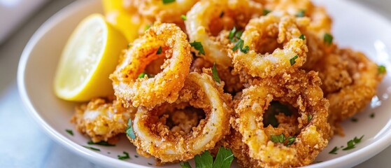 Detailed close-up top view photograph of crispy fried calamari with a light golden crust served on a white plate highlighting texture and crispiness