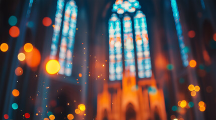 Stunning stained glass windows illuminate a tranquil church interior during evening service