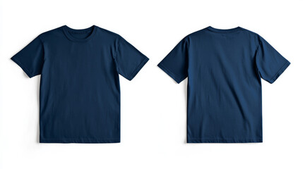 A dark blue t-shirt, shown from the front and back, against a white background.