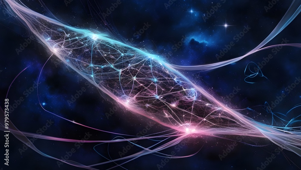 Poster the image can be named: futuristic glowing blue fractal waves with lightning in a cosmic space backd