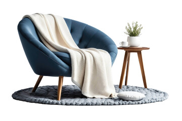 Single armchair draped in a soft blanket, complemented by a round pillow, central in full body isolation against a stark white background, high-quality stock photograph, vivid colors