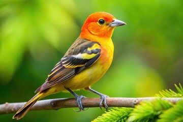 Fototapeta premium Vibrant female western tanager perches on a branch, showcasing her bright yellow head, green back, and rust-colored wings, surrounded by lush forest foliage.