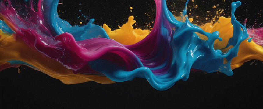 Liquid splash floating colorful, color splash in rainbow colors isolated on black background