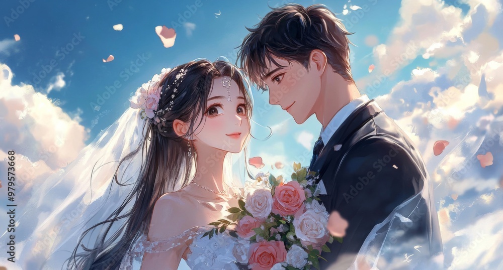 Wall mural romantic anime wedding illustration featuring bride in blue and white dress holding roses, groom in 