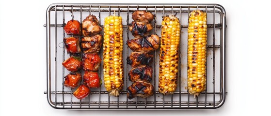 Top view of grilled chicken and corn on a metal bar grill isolated white background, stainless steel grill with vibrant food colors