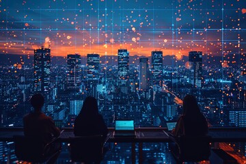 business city concept technology futuristic skyscraper night digital abstract connect