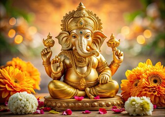 Obraz premium Vibrant golden idol of revered Hindu deity Ganesh, adorned with intricate carvings, flowers, and sacred threads, set against a serene, creamy background.