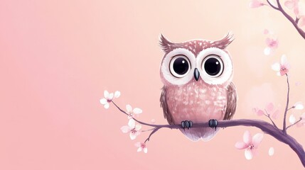 Fototapeta premium A cute cartoon owl with big eyes perched on a branch, isolated on a soft pastel pink background.