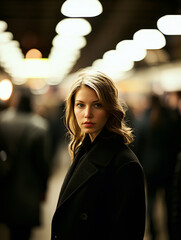 Fototapeta premium A woman in a black coat stands in a crowded subway station